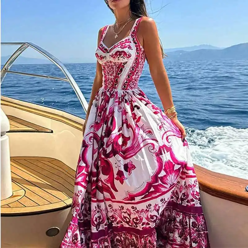 2024 Summer New European and American Women\'s Fashion Bohemian Elegant Light Luxury Mid length Printed Strap Dress