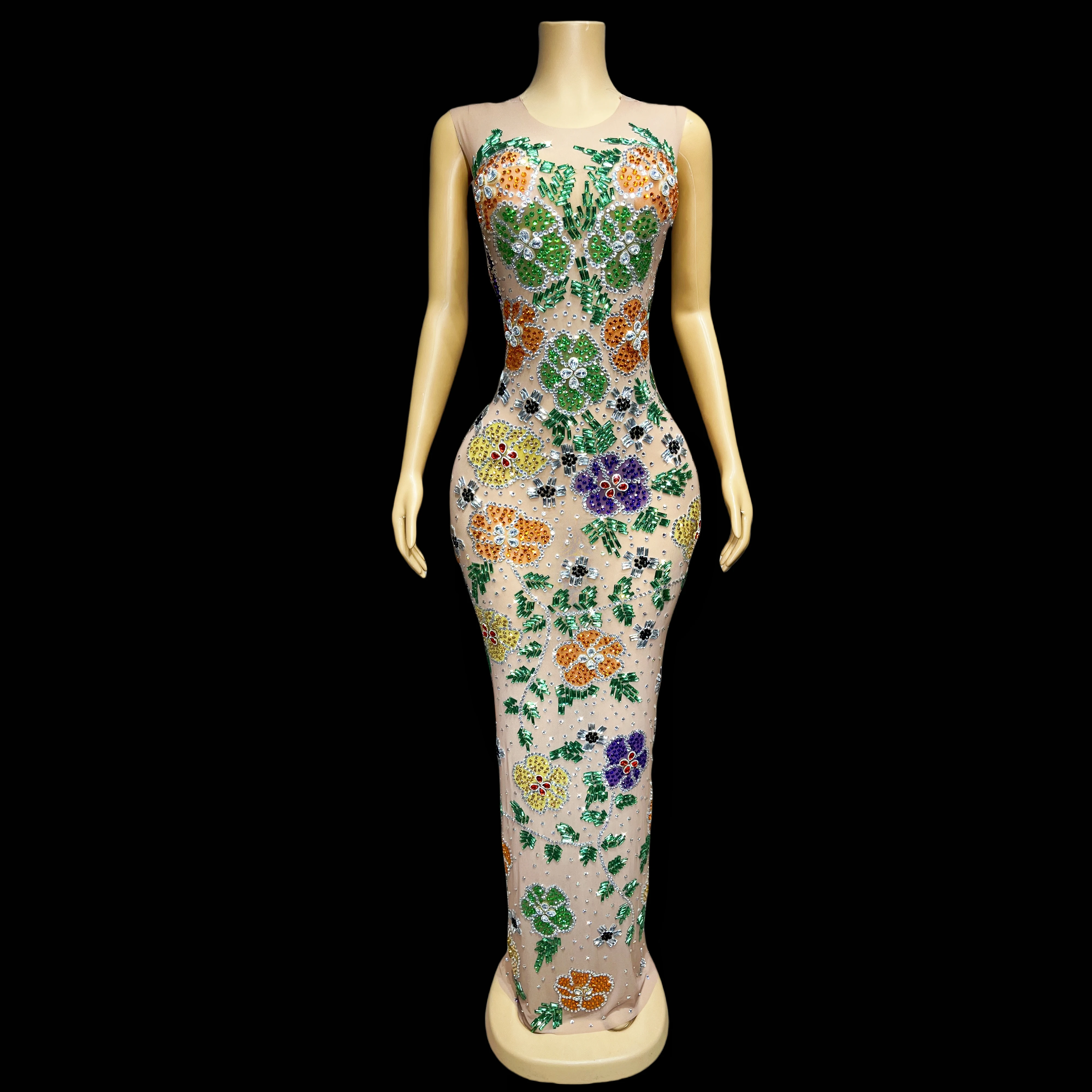

Specially designed shiny colorful rhinestone flower mesh maxi dress ladies' birthday party red carpet dress outfit Qianhua
