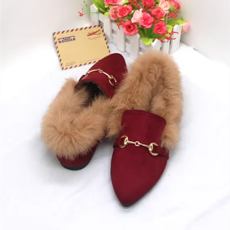 Women Winter Metal Chain Slip-On Grey Yellow Choice Short Plush Shoes For Big And Small Feet 32-45 21cm Warm Cute Fur Chaussure