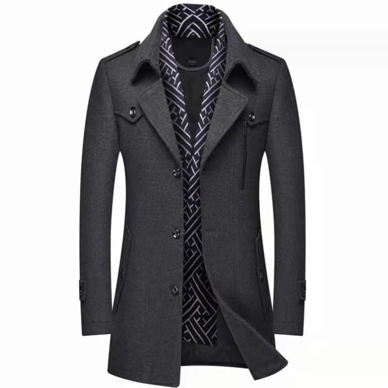

Winter Men's Woolen Coats Fashion Thicken Mid Length Trench Solid Turn Down Collar Warm Outerwear Business Casual Wool Coat Men
