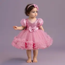 Baby Girl Wedding Dress Bow Newborn Baptism Dress Baby Girl Tutu 1 Year Birthday Party Dresses Puff Sleeves Toddler Kids Clothes