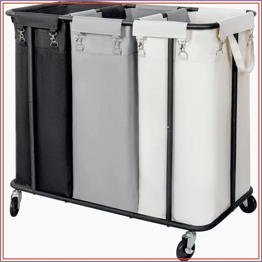 260L Large Rolling Laundry Hamper with 3-Section Organizer Removable Baskets Steel Frame Wheels for Bedroom Dirty Clothes Storag