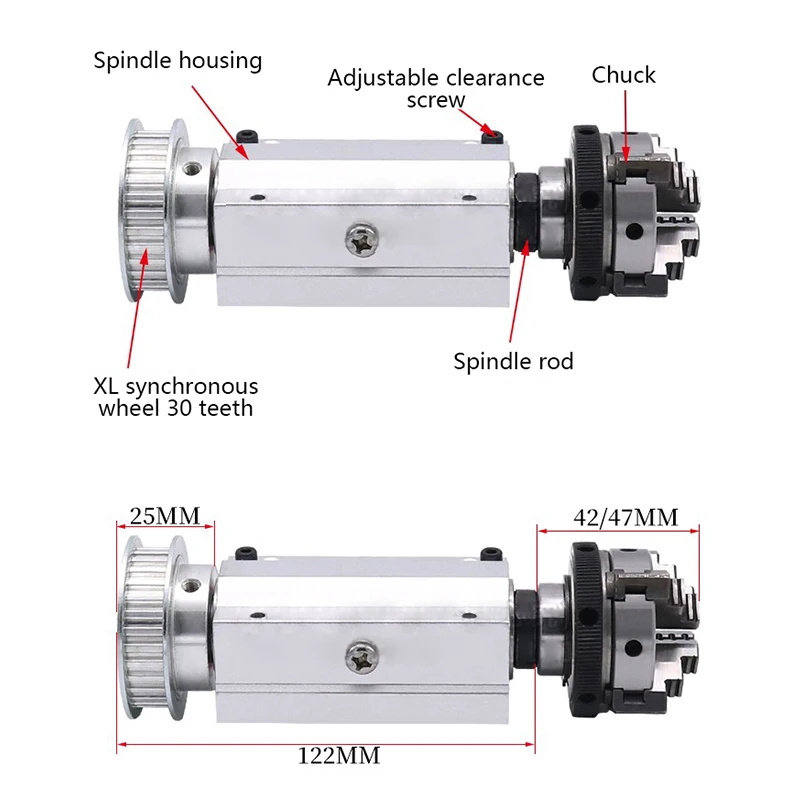 50/63 Four-jaw/Three-jaw Chuck Spindle Assembly Mini Lathe Woodworking Beads Machine Spindle Assembly DIY Lathe/Bead Machine