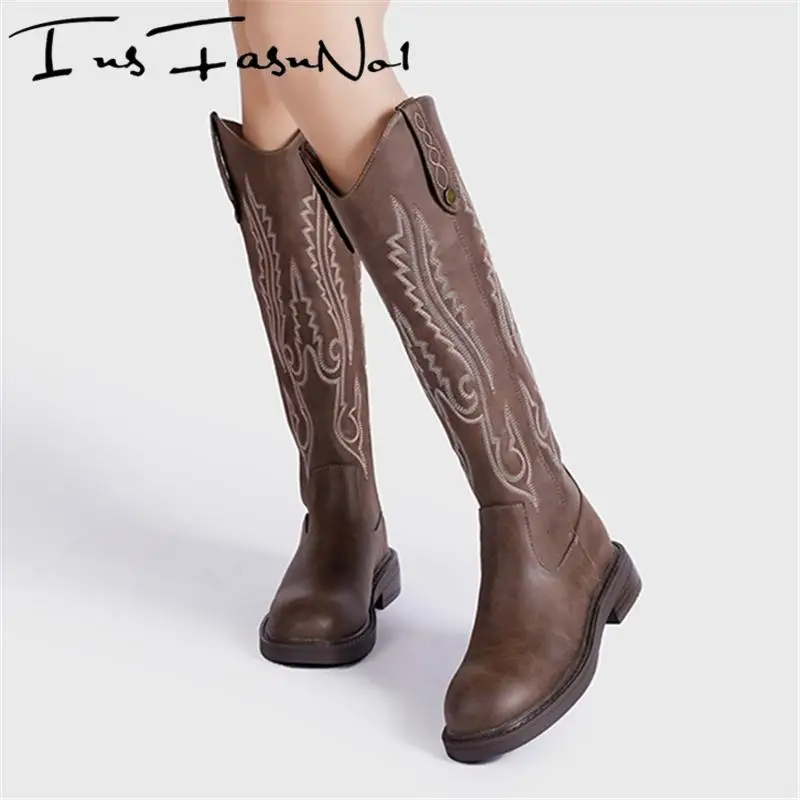 Retro Embroidered Western Cowboy Boots Fashion Chunky Heel Platform Knee High Shoes Female All Match Casual Knight Botas Increas