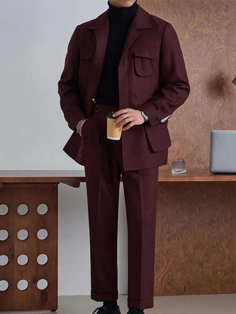 Autumn Italian Style Mens Suits Sets Single Breasted Blazers Straight Pants Gentleman Office Work Eelgant Vintage Two Piece Set