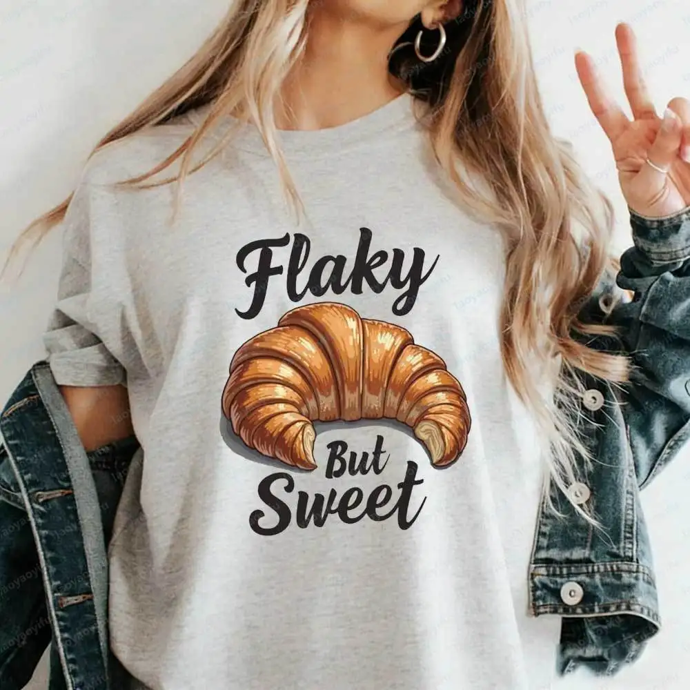 Vintage Flaky But Sweet Croissant T-Shirt Cute Food Graphic Cotton Bakery Shirt Aesthetic Foodie Gift for Bakers & Food Lovers
