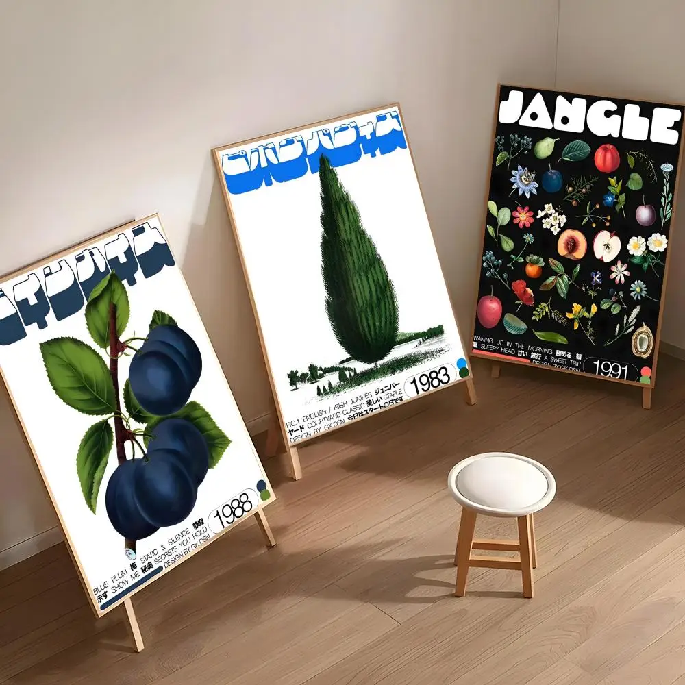 Japoński Plakat Vintage z Różami, Owocami i Drzewami, Łatwy w Montażu, Samoprzylepny, Dekoracja Ścienna HD, Wodoodporny, Odporny na Rozdarcia, Do Domu, Sypialni