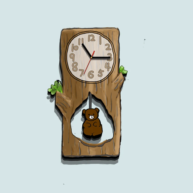 Small Fresh Tree Hole Bear Swing Hanging Clock Household Personality Creative Modern Cute Simple Mute Clock Save Electricity