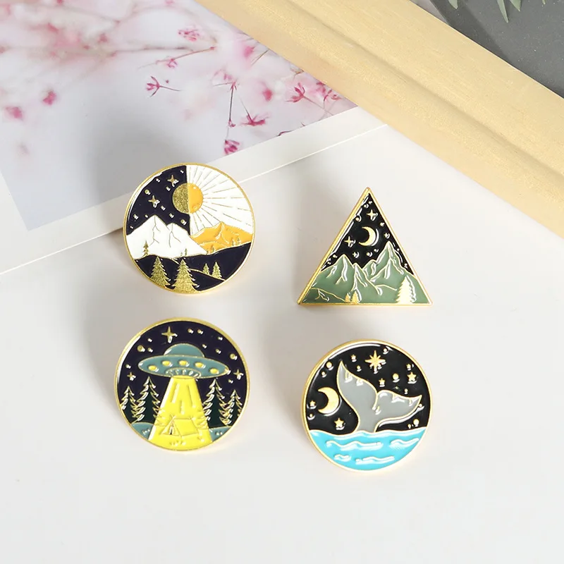 Sun and Moon Alternation Enamel Pins Natural Landscape Star River Whale Tale Brooch Lapel Badge Bag Jewelry Gift for Friends