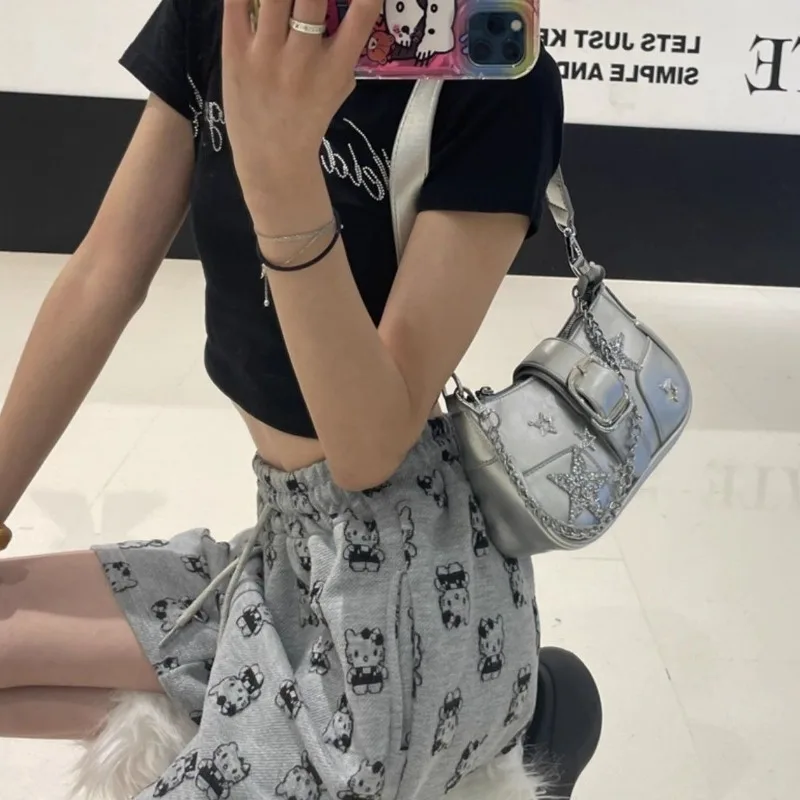 Xiuya Y2k Designer Womens Shoulder Bag Silver Chains Fashion Summer Pu Leather Handbag Original Luxury Daily Female Armpit Bag