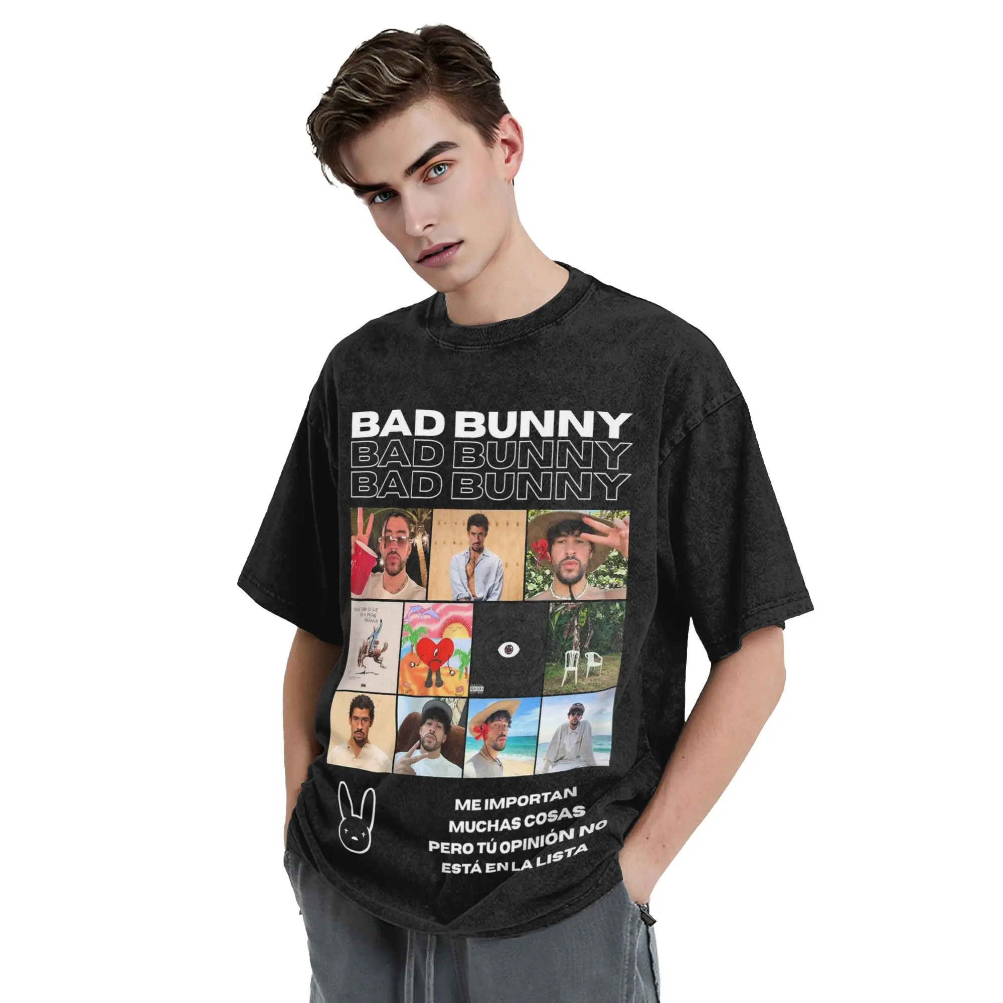 باد باني كولاج بورتوريكو تي شيرت الهيب هوب غسلها قصيرة الأكمام عالية الشارع تي شيرت للرجال النساء بلايز الشارع الشهير تي شيرت #6