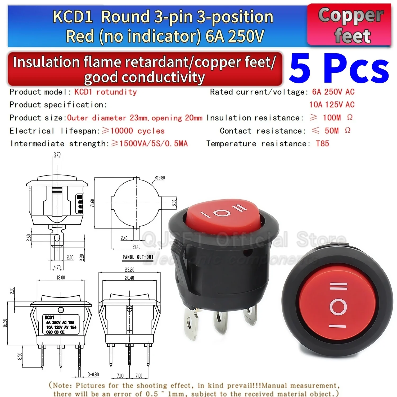 5 Stück KCD1 EIN-AUS-EIN 2/3/4-Pin 2/3-Positionen Einrastbarer 6A 220V Grüner Roter LED Runder Wippschalter für Haushalt DIY Ersatz – Detail 16