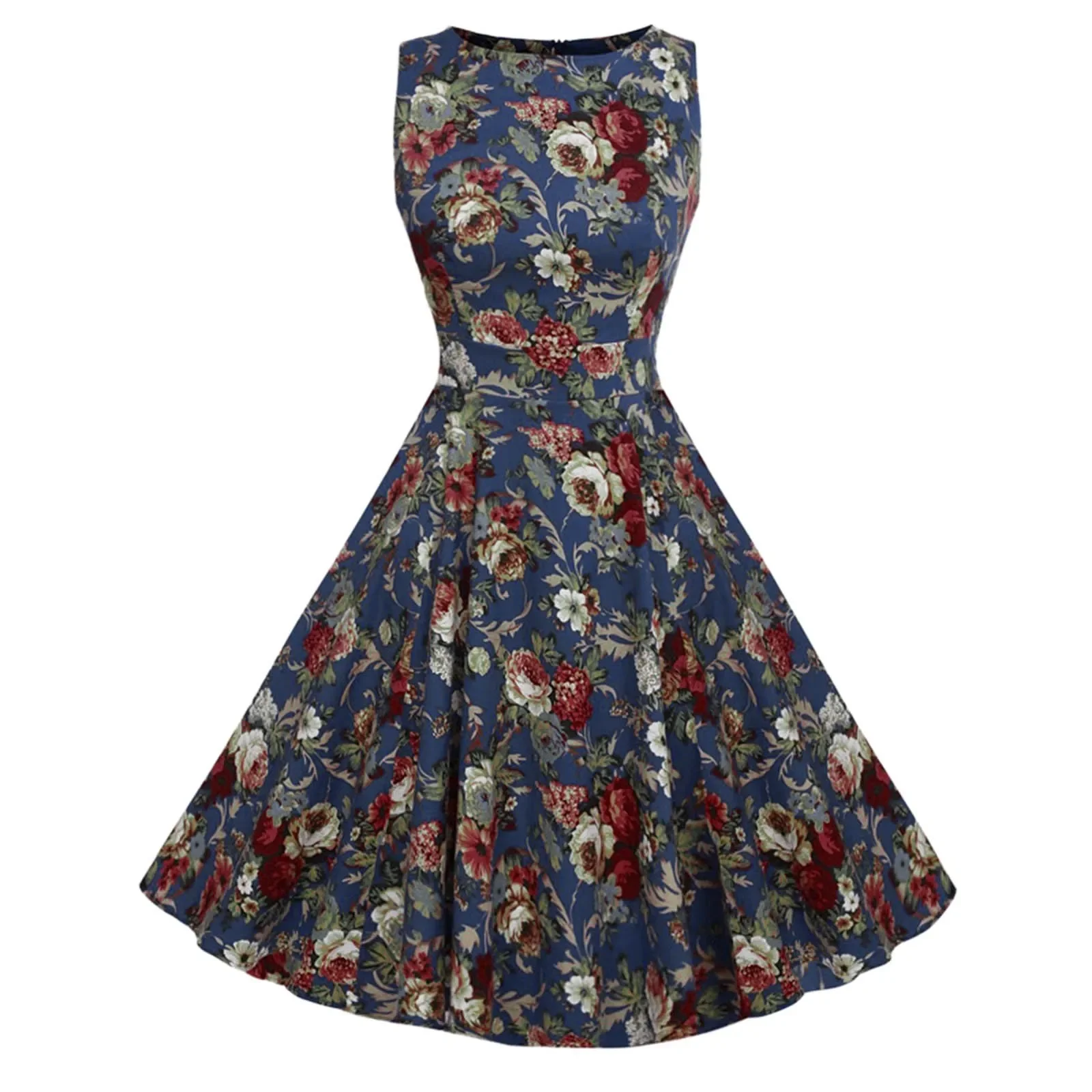 Vestido de verano Retro para mujer, ropa de fiesta Vintage sin mangas, cintura alta, estampado Floral, 2023