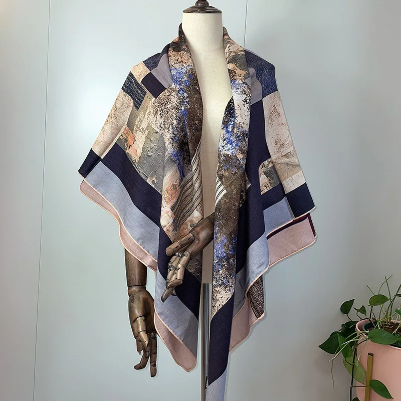 Large Square Blanket Scarf Shawl Cape 130*130cm Double Sided Printed Wool Scarves Wraps for Women Autumn Winter Scarfs