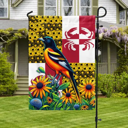 Maryland State Baltimore Oriole Bird and Black-eyed Susan Garden Flag