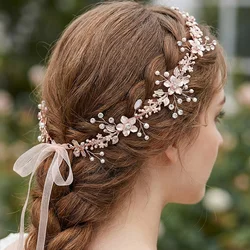 Simple Fandmade Pearl Bridal Hairband Rose Gold Jelly Rhinestone Alloy Headband Wedding Headpiece Accessories