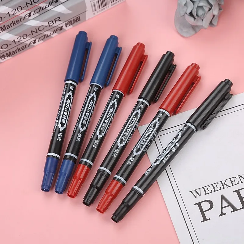 5pcs/lot Wholesale Twin Tip Permanent Marker Pen Fine Point Waterproof Ink Thin Nib Crude Nib Black Ink 0.5mm-2mm Fine Color