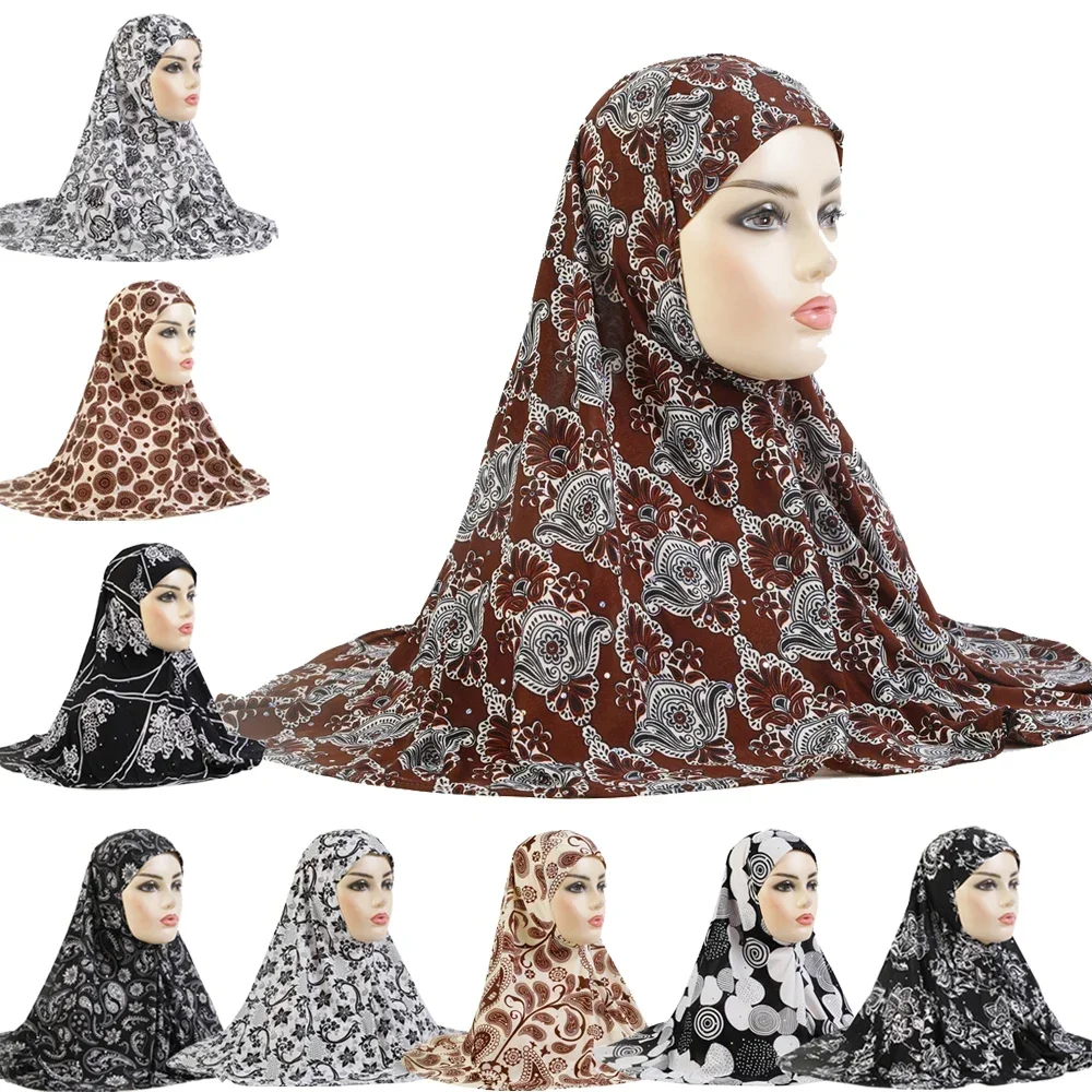 

Muslim Women Hijabs Print Turban Pull on Ready Instant Scarf Full Cover Shawl One Piece Amira Chemo Cap Femme Islamic Head Wrap