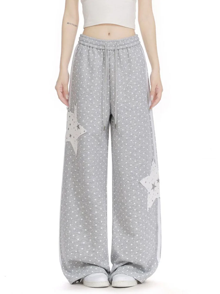 American Stars Print Sweatpants Women Loose Preppy Style Vintage Gray Pant Spring Summer High Waist Retro Bf Lace Up Trousers