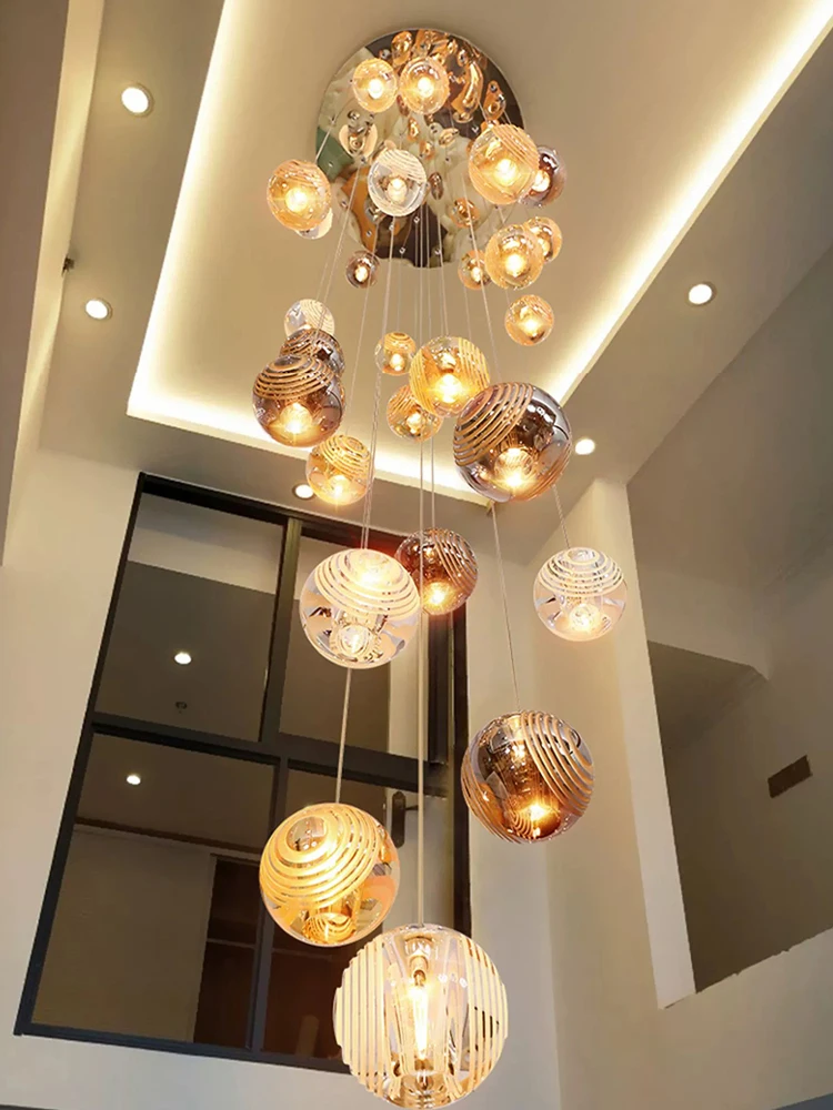 

Nordic Minimalist Staircase Led Glass Pendant Light Suspension Chandelier Hanging Lamp Fixture Villa Hotel Loft Stair Chandelier