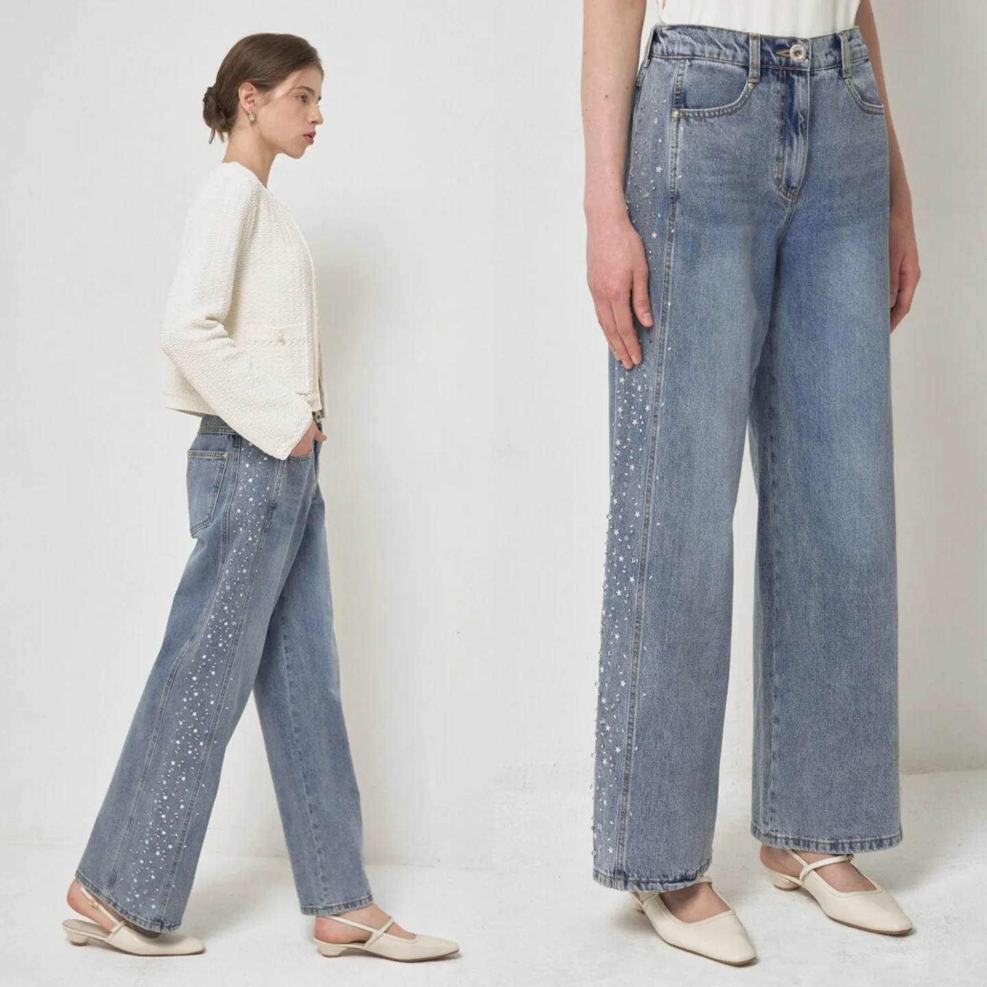 

Heavy Embellished Cotton Denim Jeans Korean Style Straight Leg Wide Leg Pants for Commuting Spring Autumn Pure Cotton Elastic