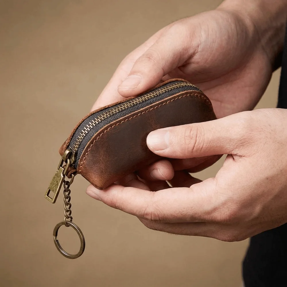 Portable Anti-lost Mini Leather Coin Purse Thin Zipper Men Key Ring Pouch Solid Color Credit Card Holder Car Key Bag Storage
