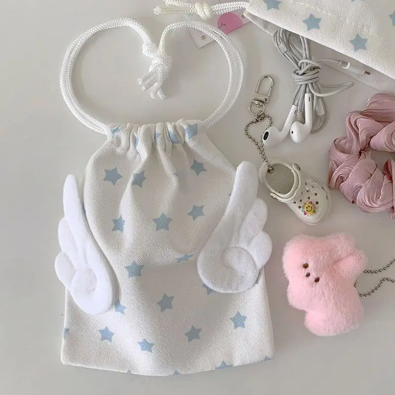 

INS Wing Stars Storage Bag Portable Canvas Drawstring Makeup Bag Cosmetic Organizer Dustproof Beam Pocket Travel Bundle Pocket