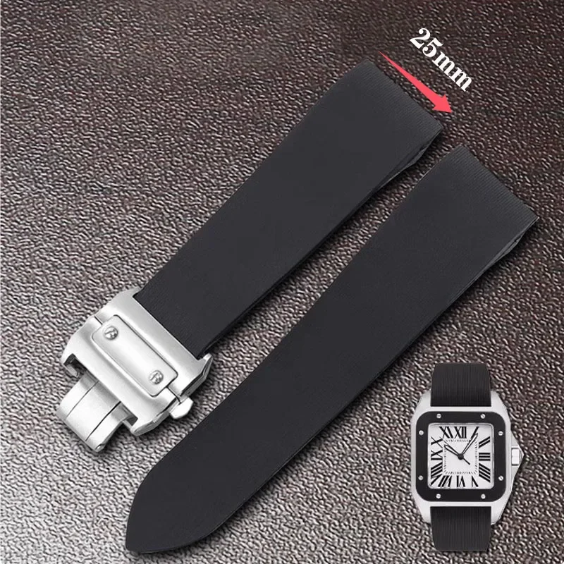 For Cartier Santos 100 W2020007 Waterproof Rubber Watch strap 25mm black soft Silicone Stainless steel watch buckle Watchband