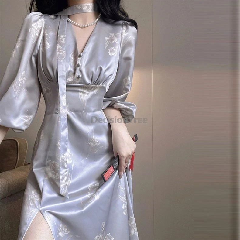 Chinese-style Women New V-Neck French Retro Printing Dress Waist-Slimming Elegant Youthful Spring Summer Daily Robe Dress