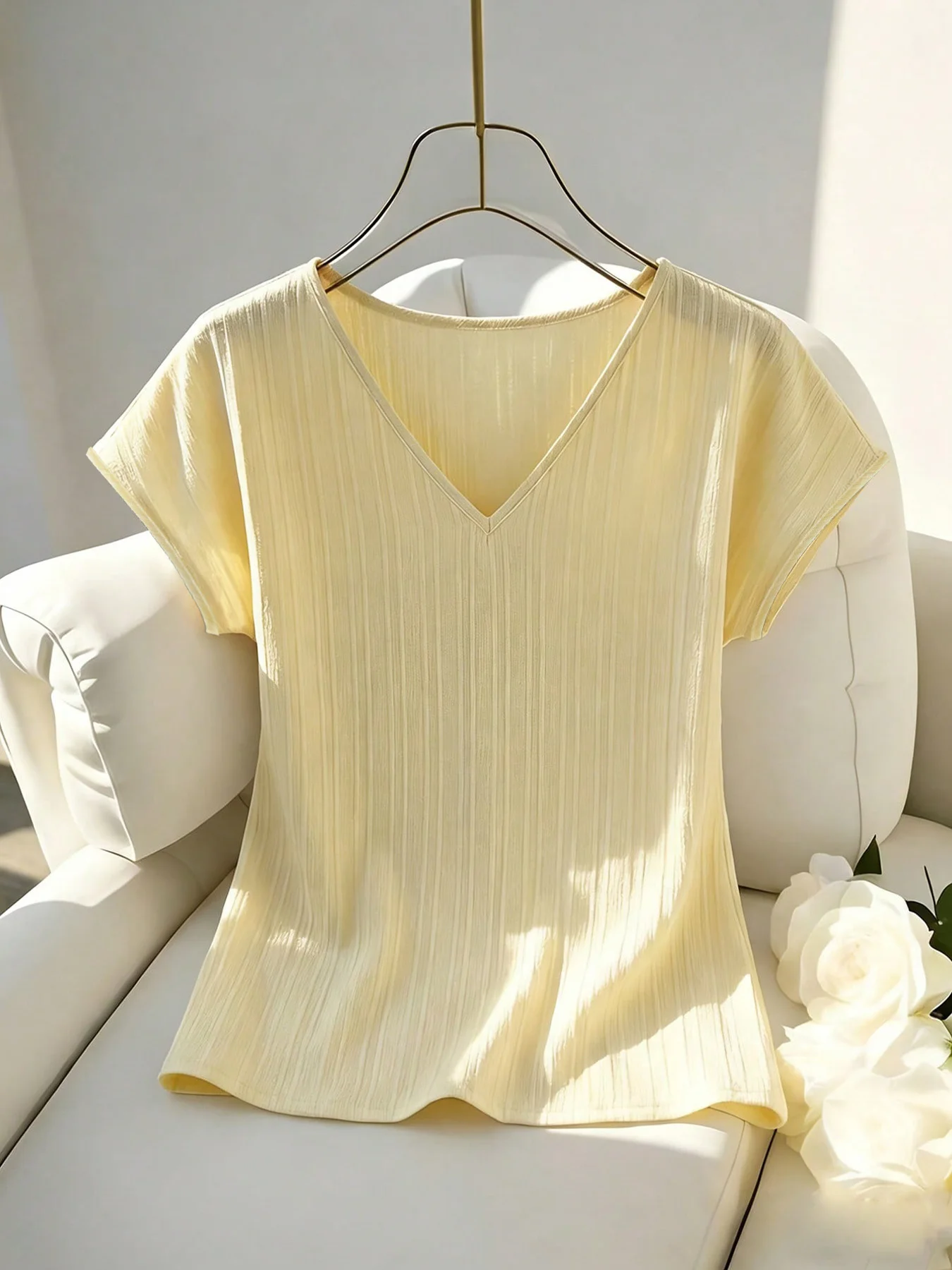 Women Solid V Neck Batwing Short Sleeve T Shirt Vertical Ribbed Soft Loose Casual Basic Tee Summer Breathable Blouse