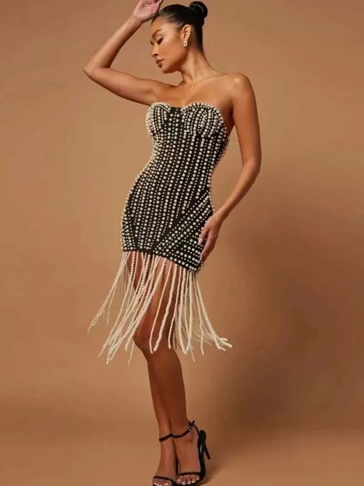 

Высокое качество жемчужное сексуальное эластичное платье с кисточками на груди, новинка 2025, модная женская одежда на заказ