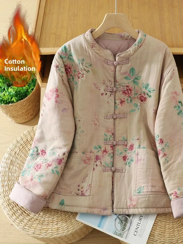 

Thiened Хлопковое теплое женское платье с винтажным художественным принтом, тонкое хлопковое пальто свободного покроя, длинное пальто с воротником-стойкой све