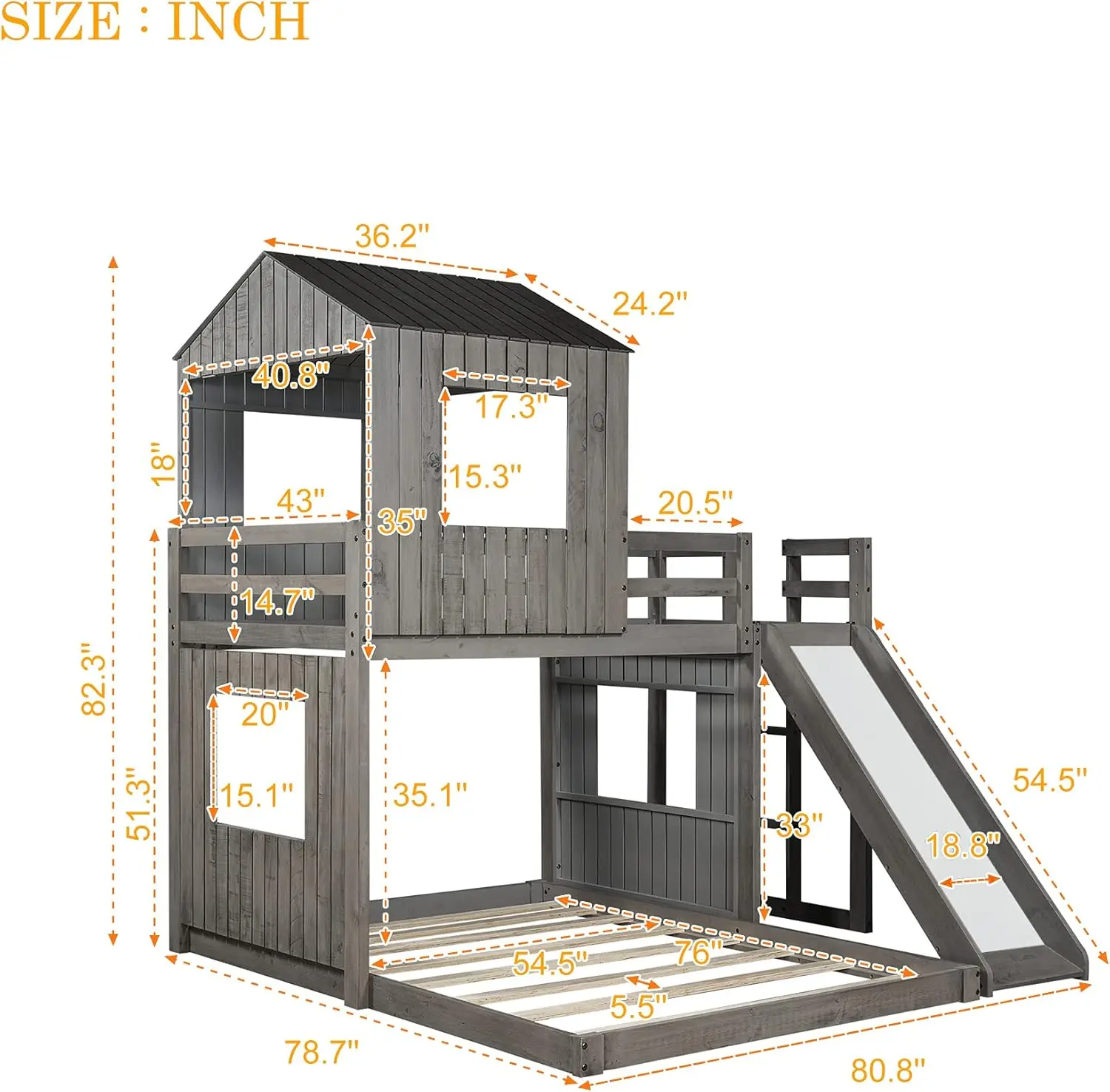 Bunk Bed for Kids Toddlers, Twin Over Full Bunk Beds with Slide, Playhouse Farmhouse Roof Window Guardrail Ladder, for Girl