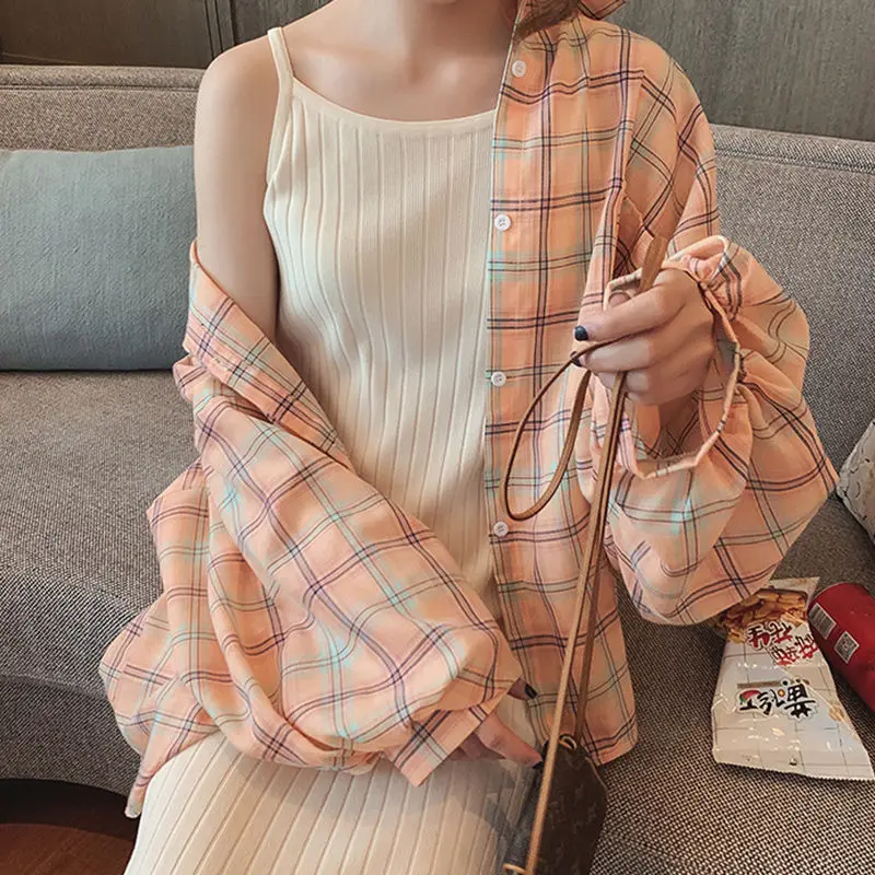 Women Shirts Long Sleeve Spring Turn-down Collar Plaid Korean Style Sunproof Chic Girls Outerwear All-match Loose Breathable