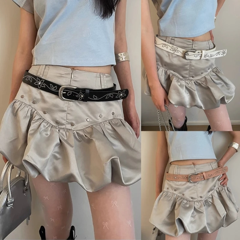 

2000s Women Casual Waist Belt for Pants Skirt Pin Buckle PU Waistband Rivet Studded Narrow Belt for Jeans Girl Waiststrap