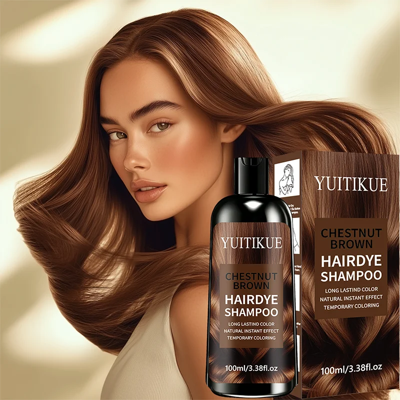 YUITIKUE Chestnut Brown Hair Dye Shampoo 100ml Long Lasting Color Natural Instant Effect Temporary Hair Coloring Shampoo