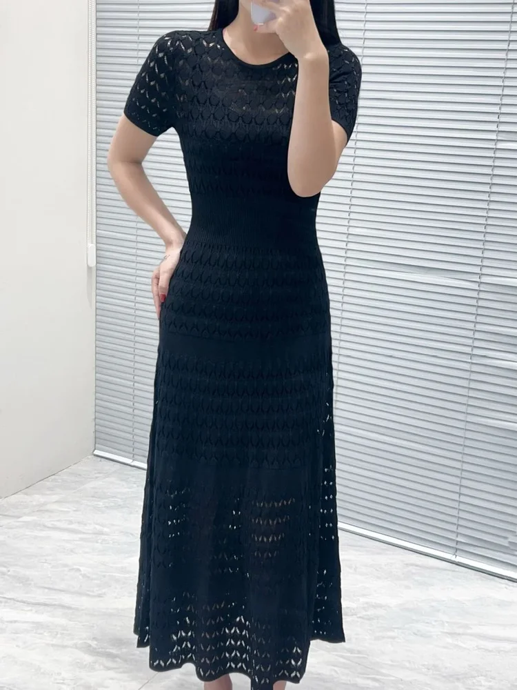 Ele High-End Gebreid Kant Ort-Slee Taille-Gesloten Dr Eenvoudig Woon-werkverkeer Romantisch Bloemenhaak Ontwerp Zomer Lang Dr