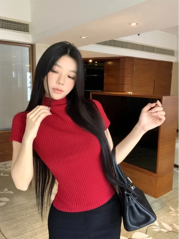 

Ретро красный f вязаный свитер с высоким воротником ort Sve, женский зимний эластичный облегающий базовый топ, универсальный топ Spicy Girl