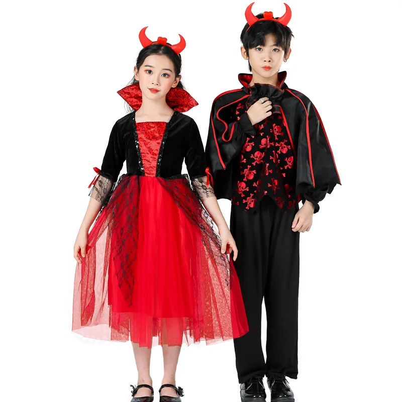 Gothic Royal Princess Costume Play Vampire Girls Vintage Ball Gown Classic Red Black Devil Villain Dresses Hag Witch Wizard Gown