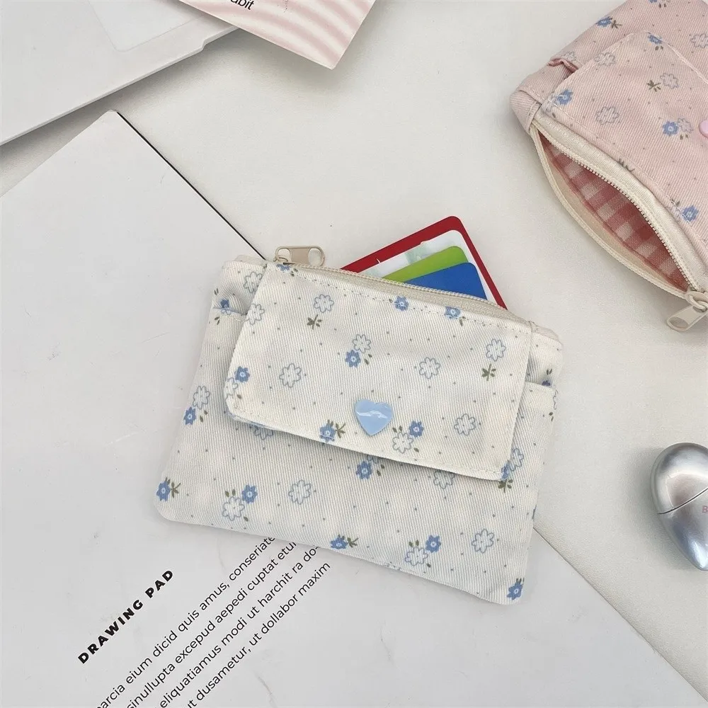 Portable Zipper Closure Coin Purse Double Layer Multifunctional Mini Wallets Floral Pattern Credit Card Storage Bag