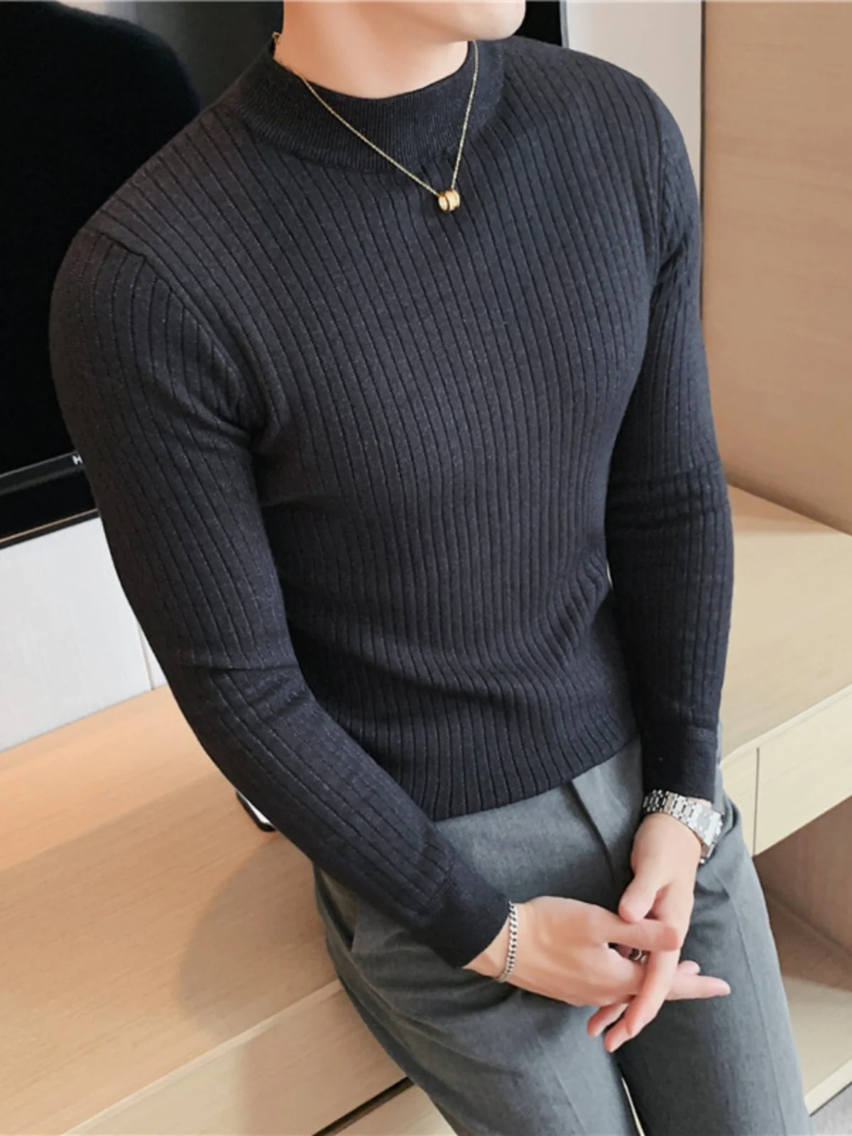 

Men's Mid-Ne Knitwear f-High Collar Spring Autumn Color Slim Fit Faionable Knitted irt Korean Sle Long Sve