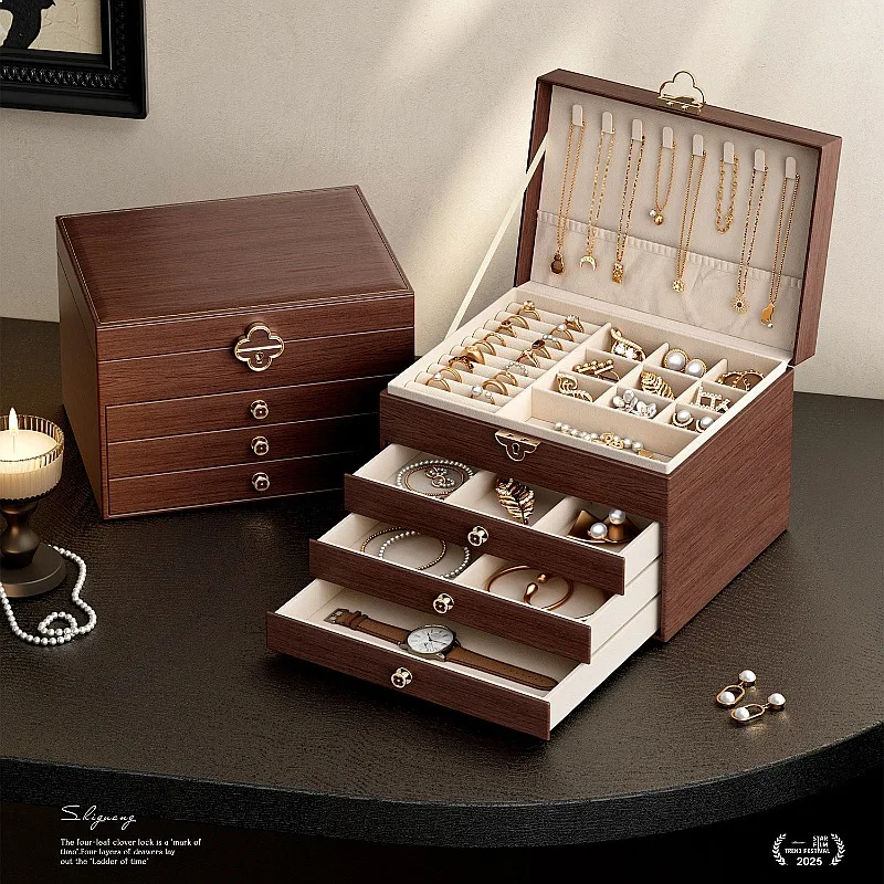 Vintage Solid Wood Jewelry Box with Lock Multi-Layer Drawer Storage Organizer