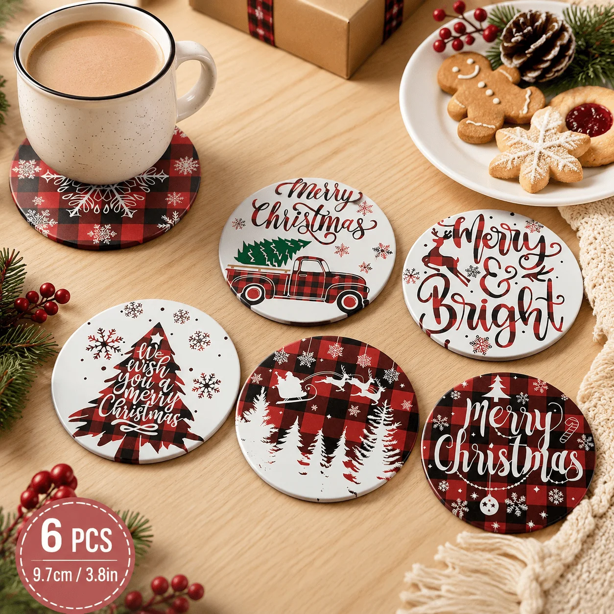 6Pcs Christmas Buffalo Plaid Acrylic Coasters, Round Waterproof Xmas Coasters, Santa Tree Reindeer Truck, Home Bar Kitchen Gift