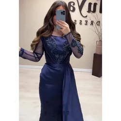 Navy Blue Satin O-Neck Mermaid Evening Dresses Long Sleeves Appliques Beads Floor Length Formal Prom Party Gown robe soirée