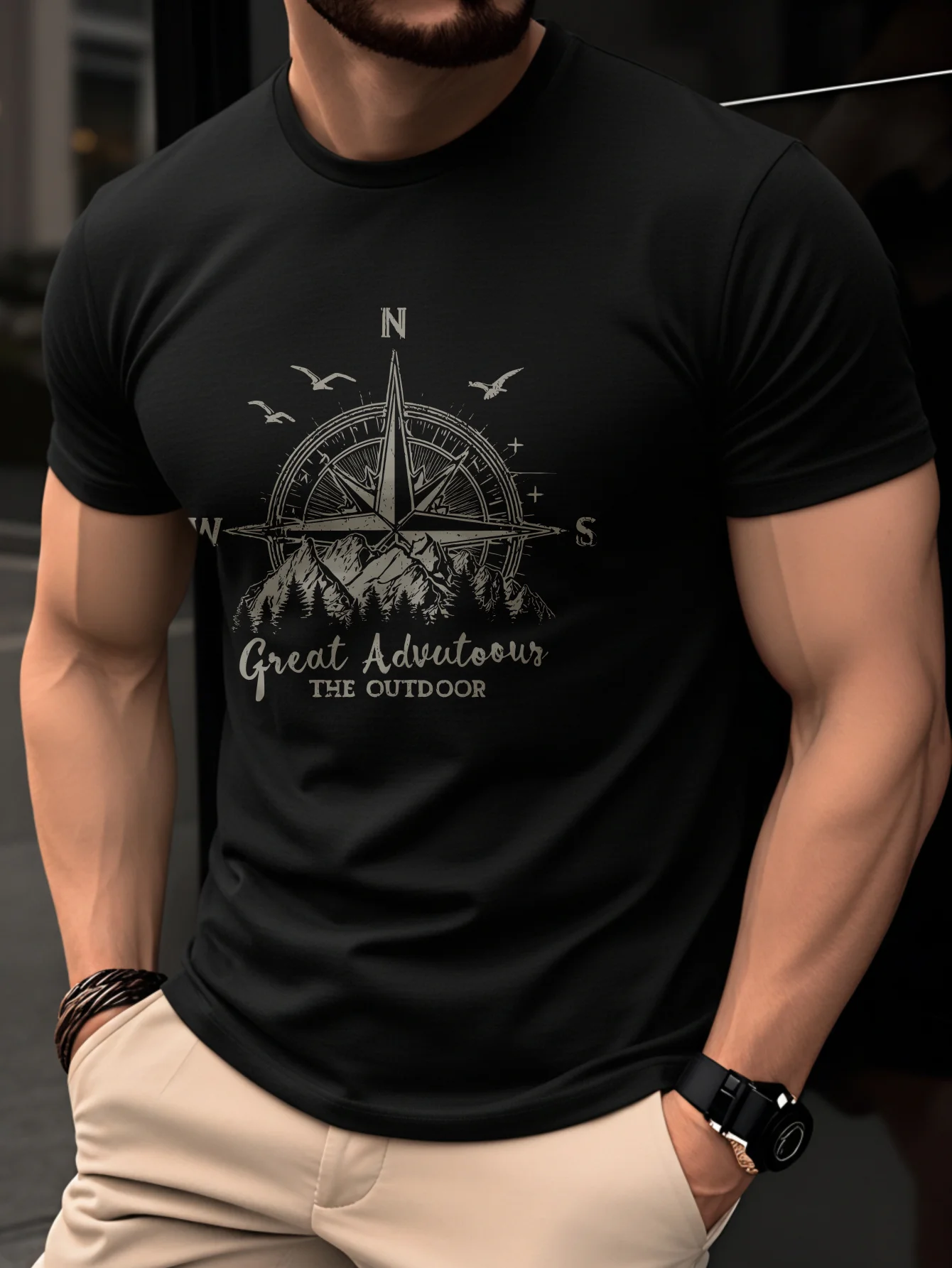 Summer men's 100% pure cotton casual fashionable loose retro compass mountain pattern printed round neck short sleeved T-shirt image 6