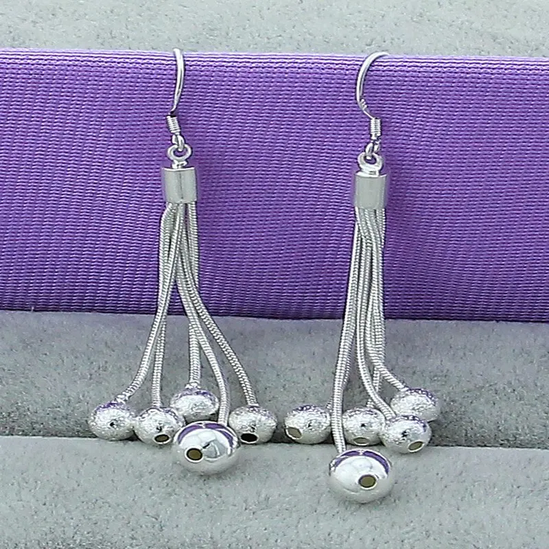 

925 Sterling Silver Smooth Matte Beads Multi Snake Chain Earrings Eardrop For Women Wedding Fashion Engagement Jewelry