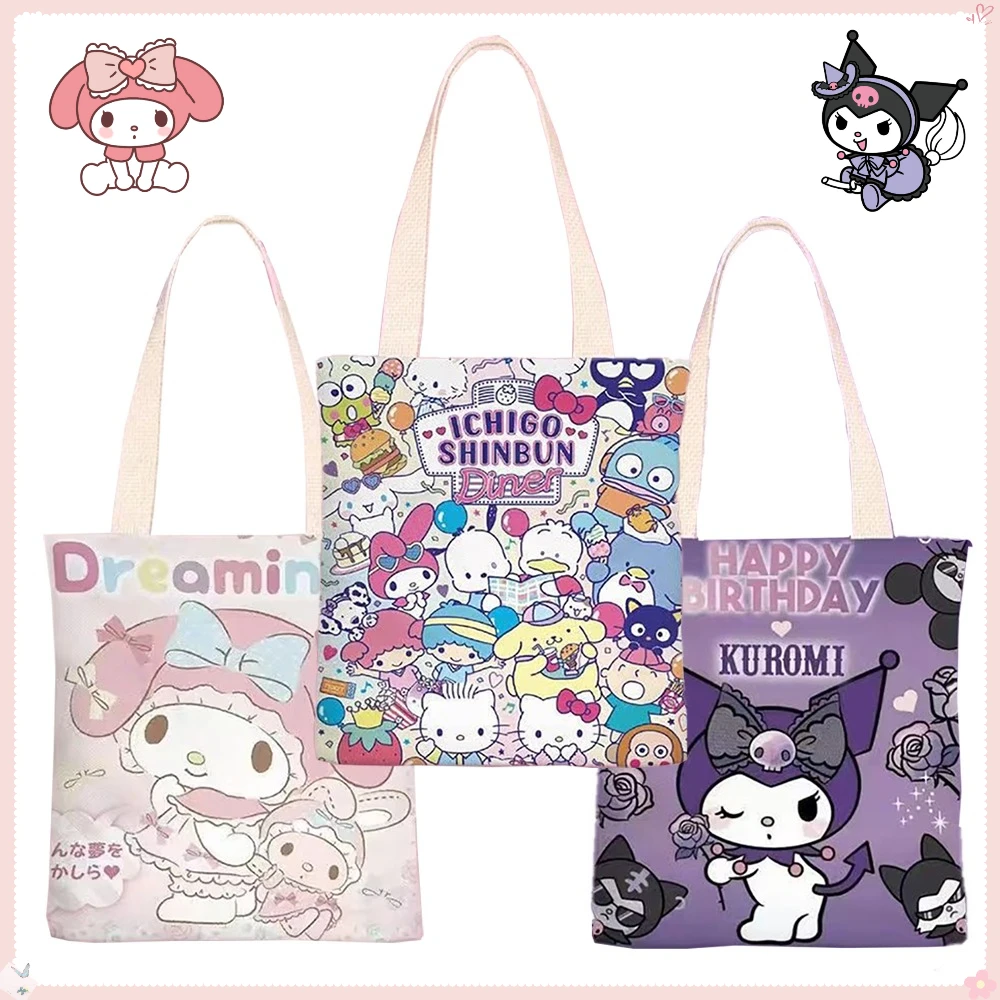 

Cute Hello Kitty Kuromi Pattern Large Capacity Student One Shoulder Handbag Girl's Versatile Canvas Bag Christmas Surprise Gift