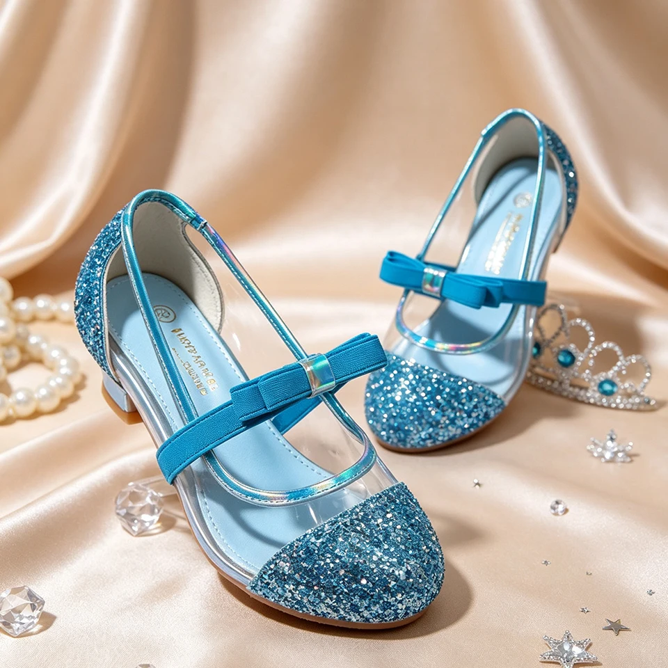 Shiny Luxury Girls Princess High Heels Sandals Mary Jane Crystal Shoes Halloween Cosplay Graduation Ceremony Church Footwear