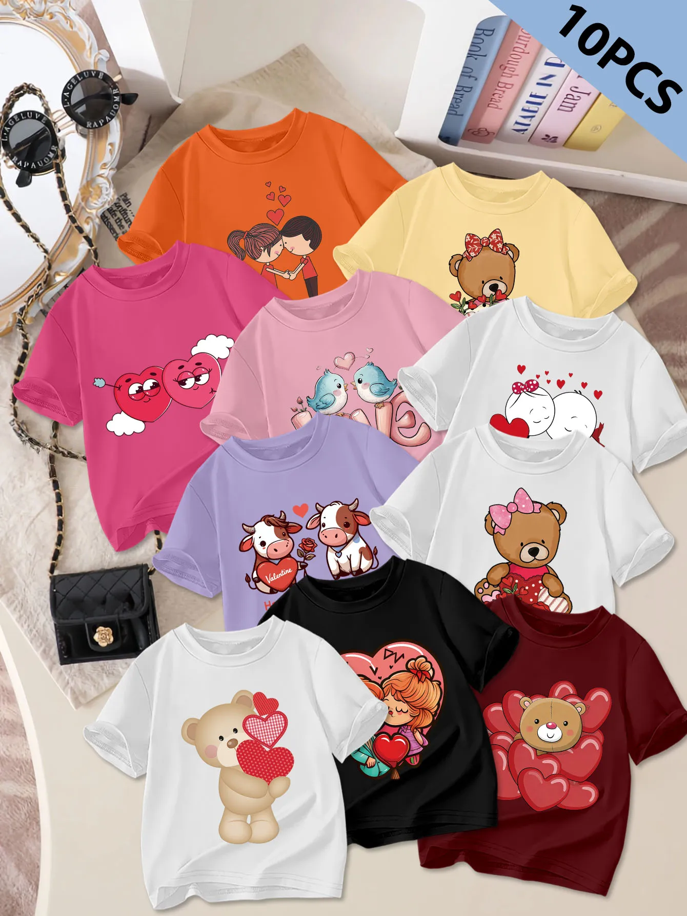 

10 шт.: Летняя милая и милая футболка с короткими рукавами для девочек на День святого Валентина с принтом в виде сердца и плюшевого мишки