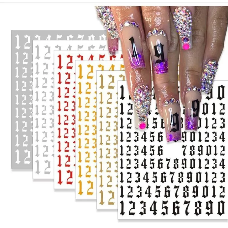 3D English Alphabet Numbers Nail Sticker 10*8cm Manicure Adhesive Letter Decal Laser Gold Silver Colorful Word Nail Art Sliders